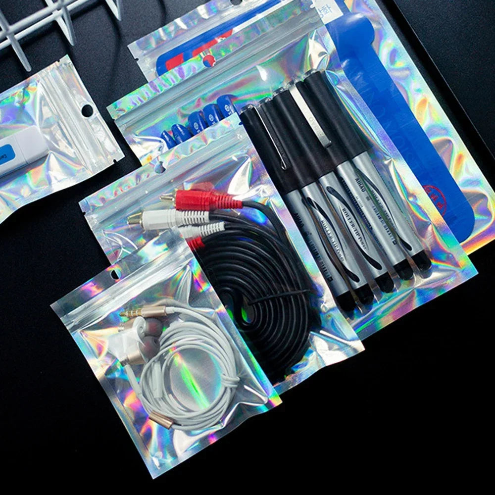 Holographic Resealable Laser Bags – Multi-Size Storage Pouches