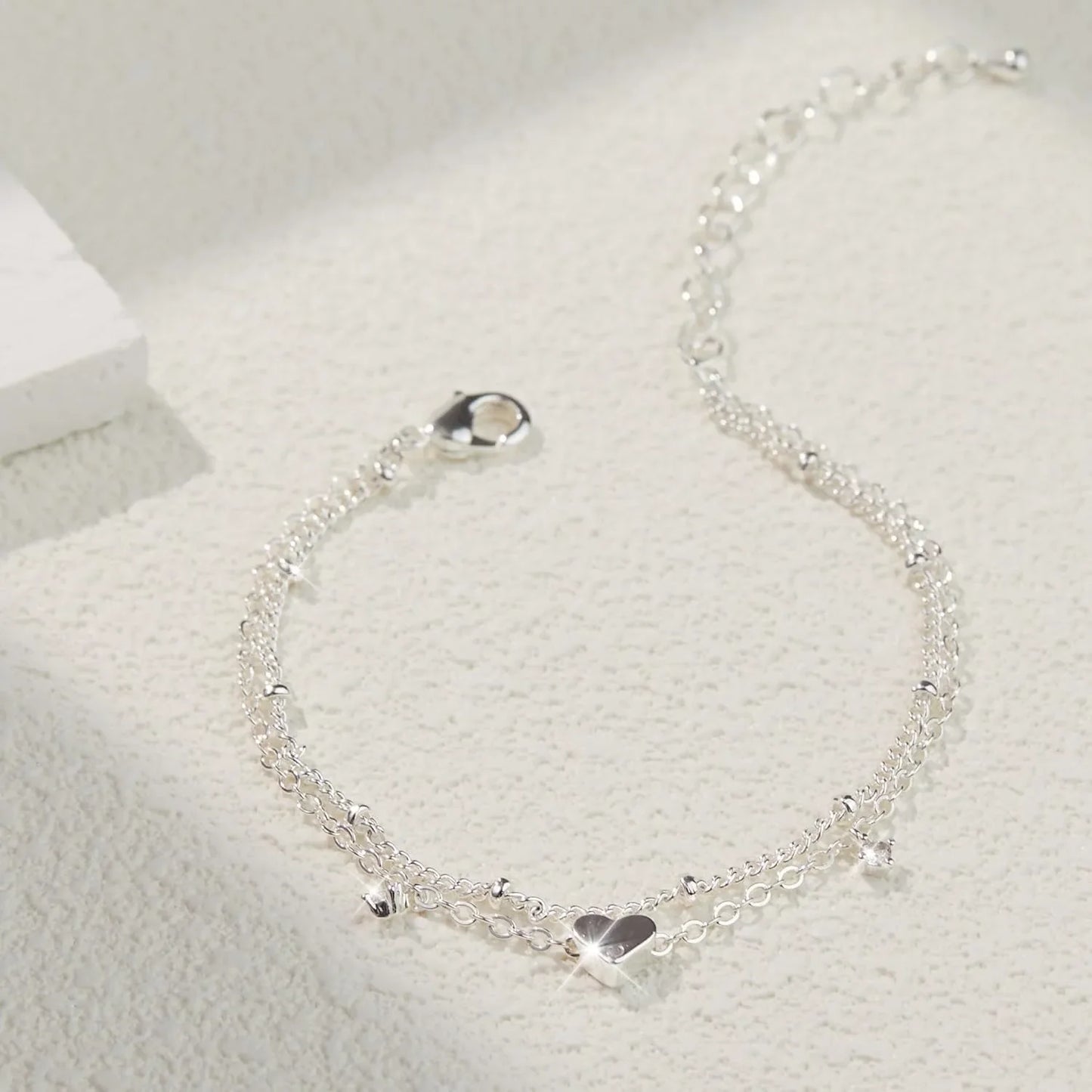 Women’s Layered Heart Anklet – 925 Silver-Plated, Waterproof Design