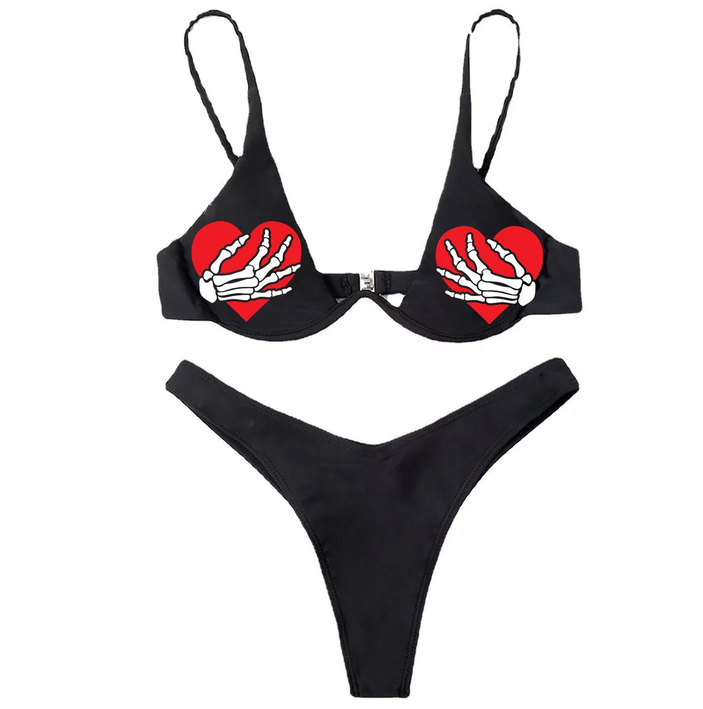 Punk Gothic Skull Print Bikini Set – V-Neck High Waist Swimwear