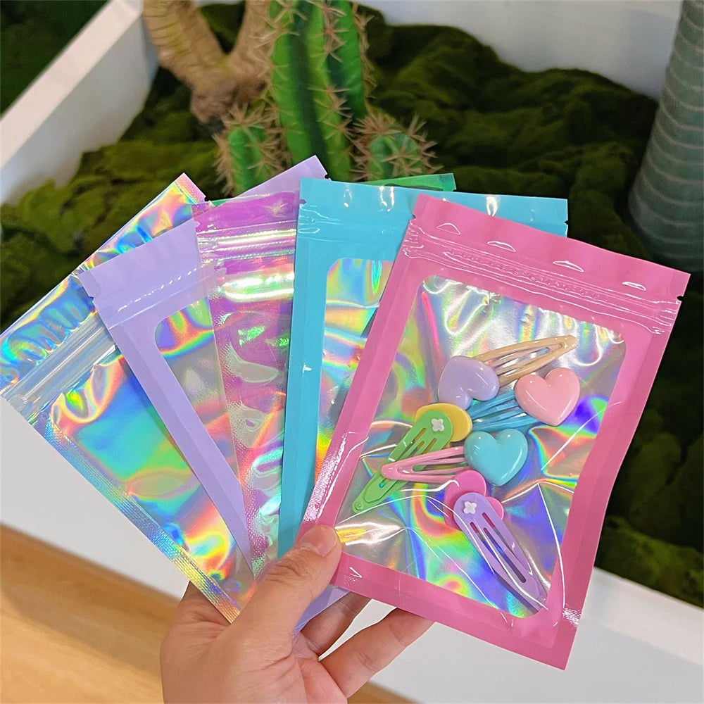 10pcs Holographic Smell-Proof Mylar Bags – Resealable Ziplock Pouches