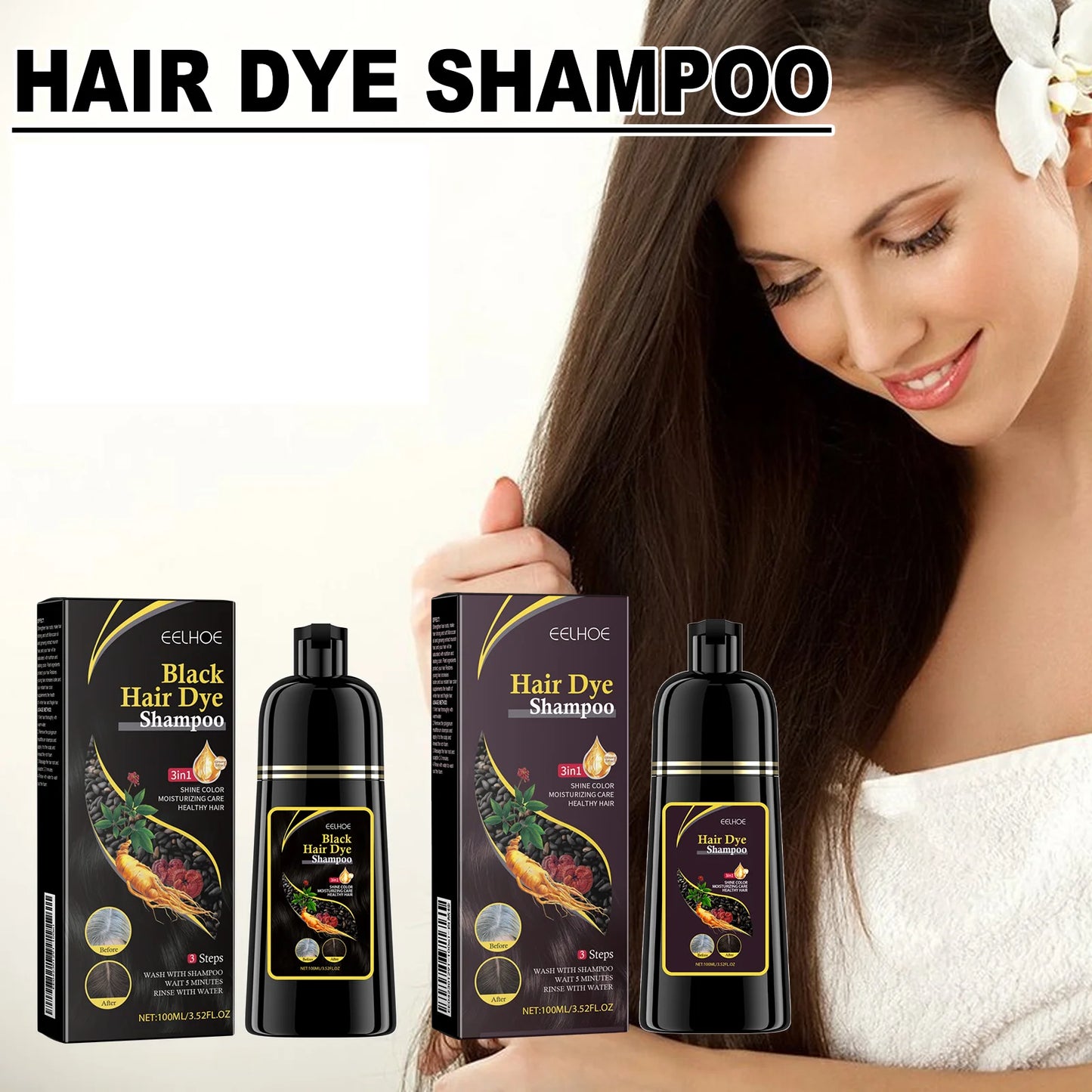 EELHOE 100ml Natural Plant Hair Dye Shampoo – 3-in-1 Grey Coverage for Men & Women