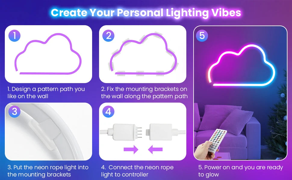 Neon LED Rope Lights – Flexible RGB Strip with Remote & App Control