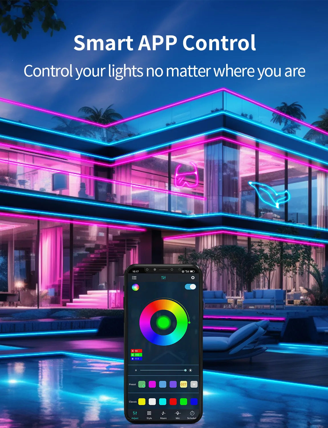 Smart App LED Strip Lights – SMD 5050 RGBIC Flexible Neon Tape with Remote Control