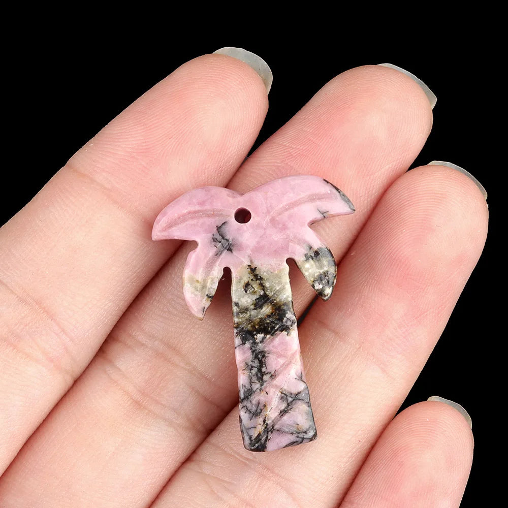 Natural Crystal Coconut Tree Statue – Carved Healing Stone Ornament with Pendant Hole