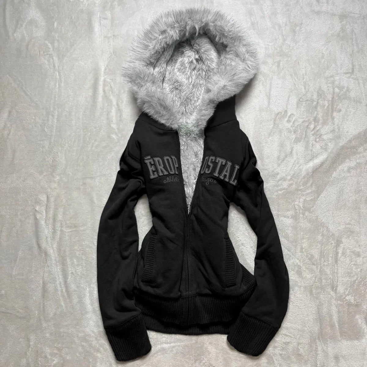 Vintage Letter Fur Collar Hoodie – Y2K Retro Zip-Up Plush Jacket