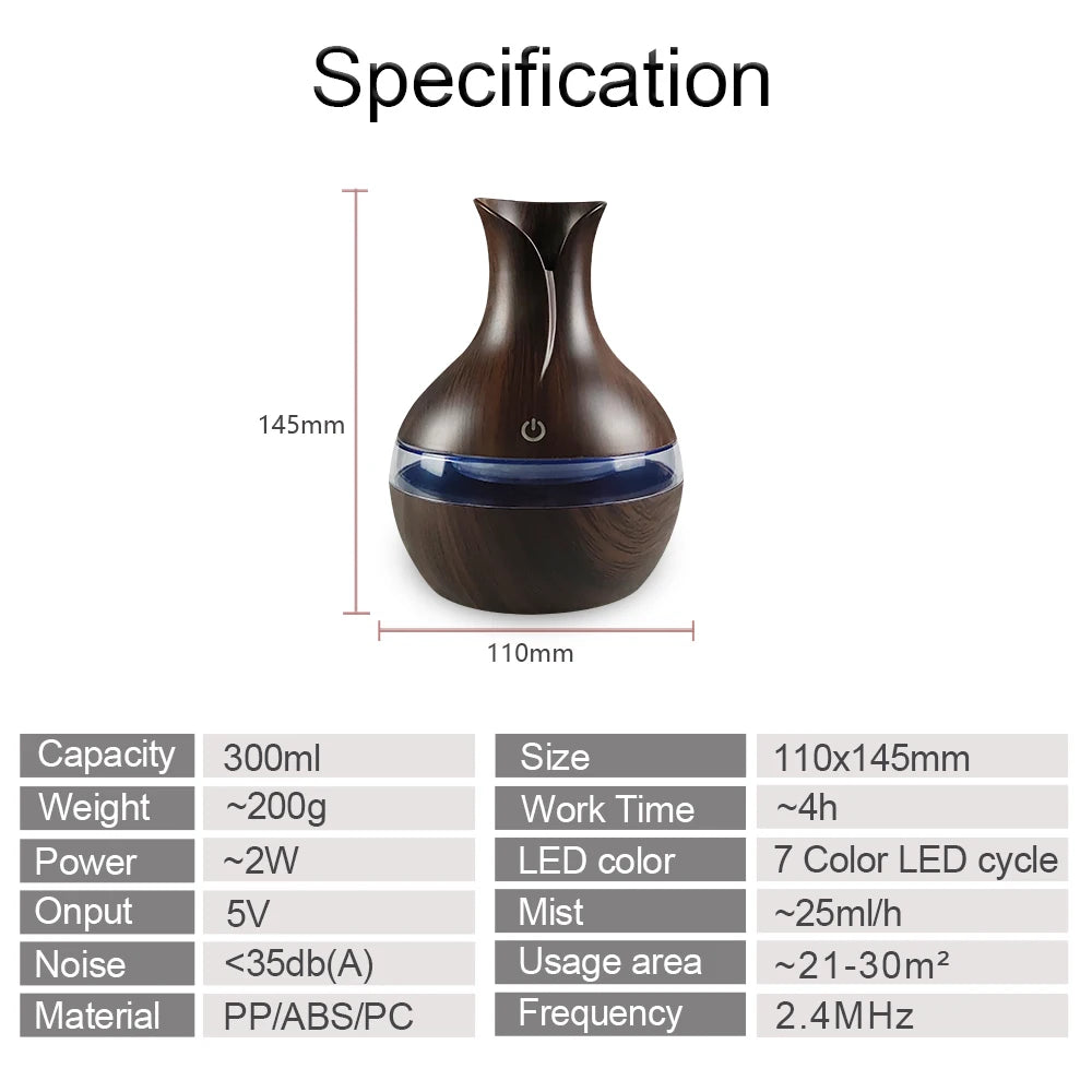 Mini USB Diffuser & Air Humidifier – 300ml Cool Mist Maker with LED Night Light