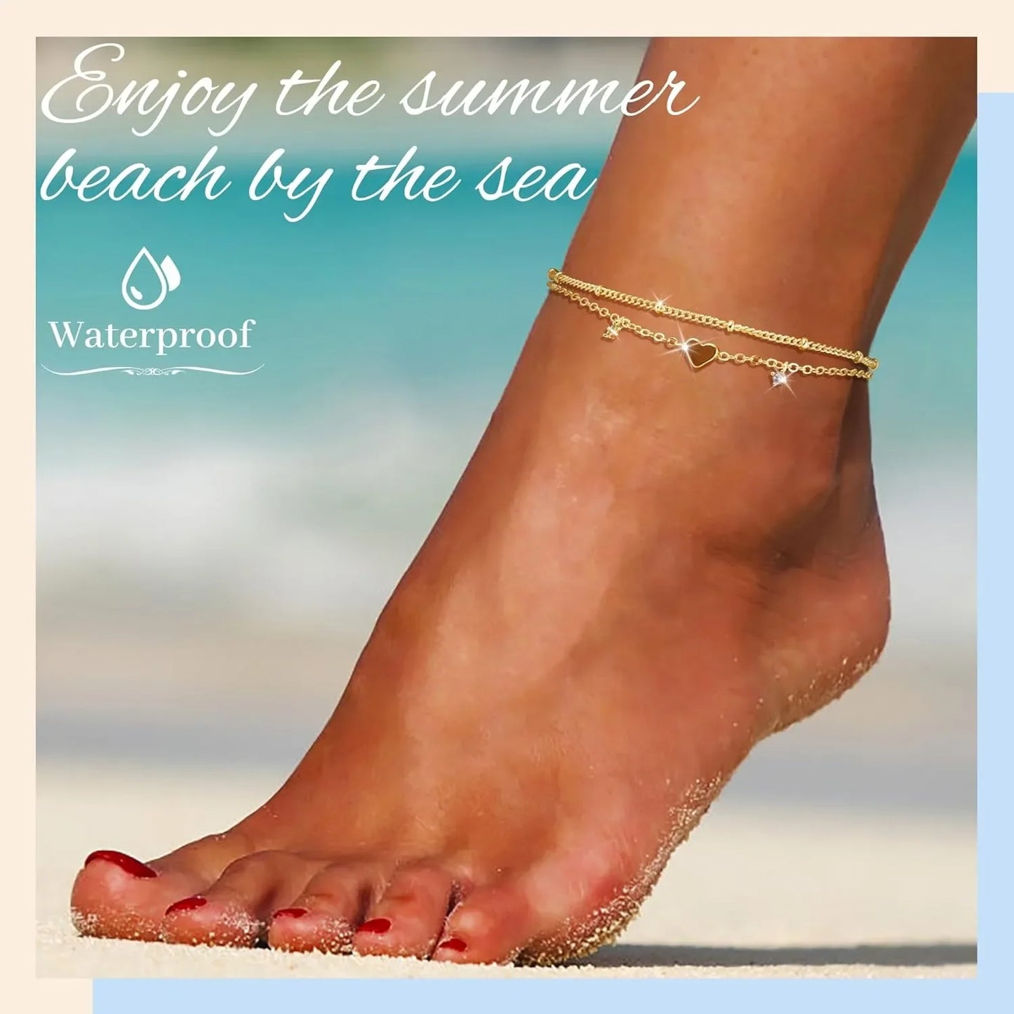 Women’s Layered Heart Anklet – 925 Silver-Plated, Waterproof Design