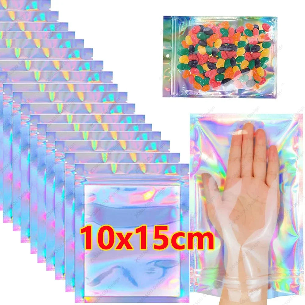 Holographic Resealable Laser Bags – Multi-Size Storage Pouches