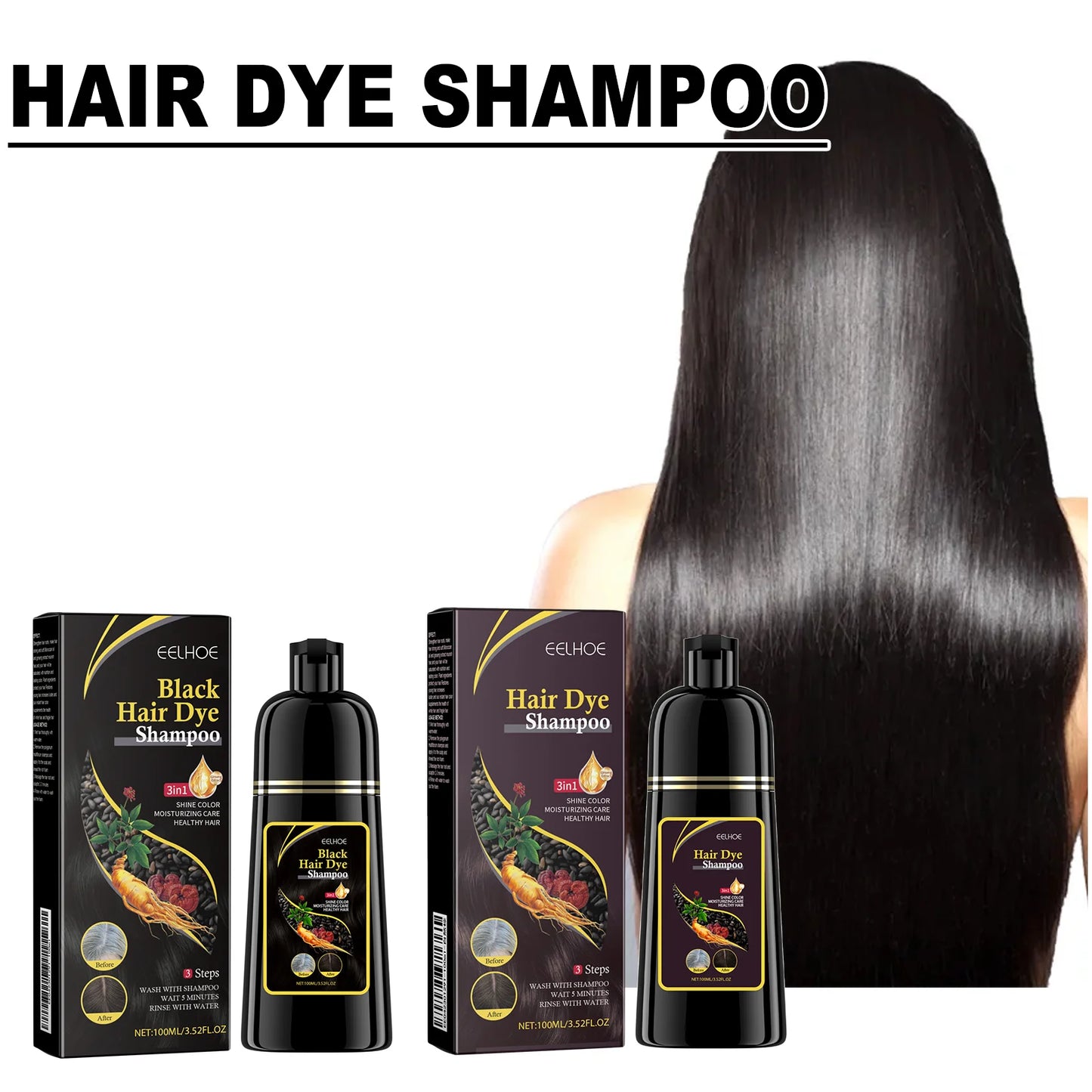 EELHOE 100ml Natural Plant Hair Dye Shampoo – 3-in-1 Grey Coverage for Men & Women