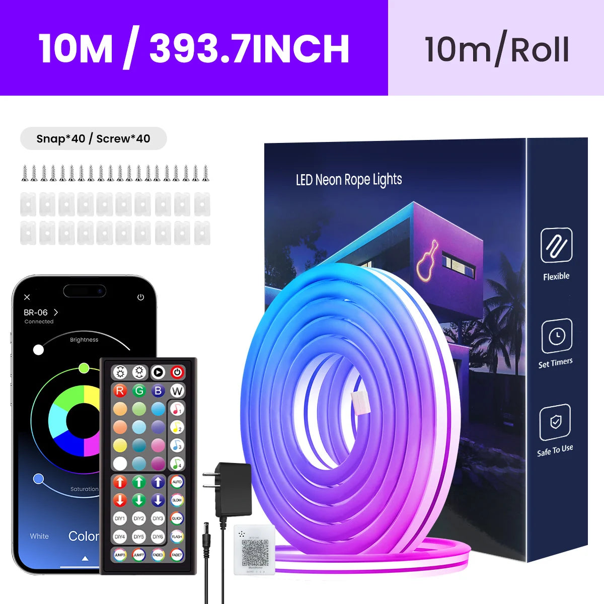 Neon LED Rope Lights – Flexible RGB Strip with Remote & App Control
