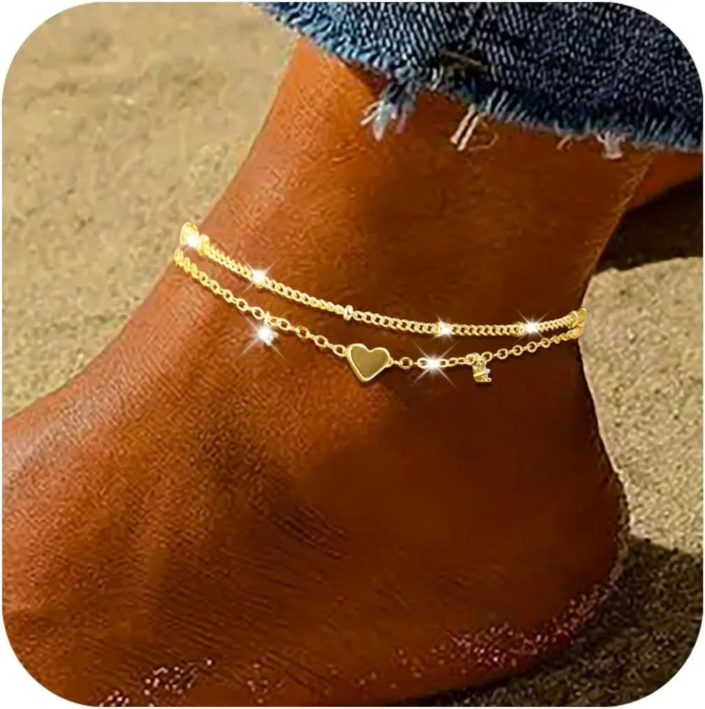 Women’s Layered Heart Anklet – 925 Silver-Plated, Waterproof Design