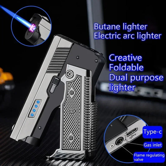 Windproof Gas-Electric Plasma Lighter – USB Type-C Rechargeable Folding Gun-Shaped Torch