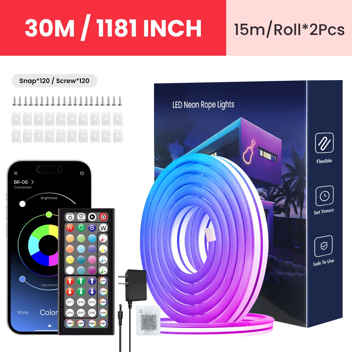 Neon LED Rope Lights – Flexible RGB Strip with Remote & App Control