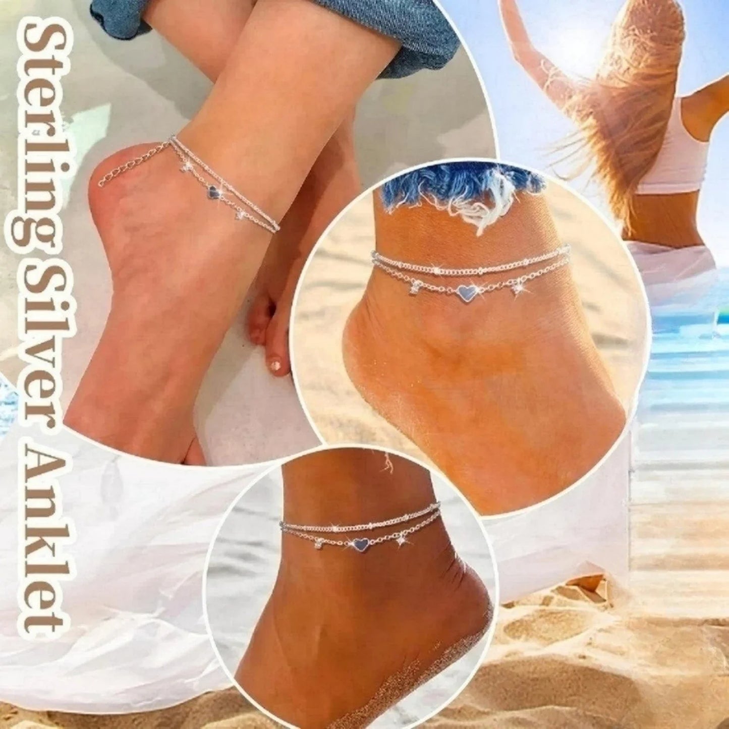 Women’s Layered Heart Anklet – 925 Silver-Plated, Waterproof Design