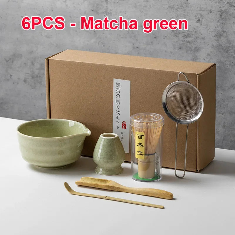 4/5/6PCS Traditional Matcha Tea Set – Bamboo Whisk, Teaspoon, Ceramic Bowl, and Accessories