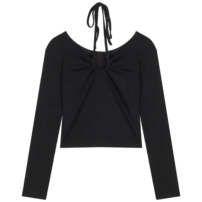 Y2K Halter Bandage V-Neck Long Sleeve Top – Korean Streetwear Style
