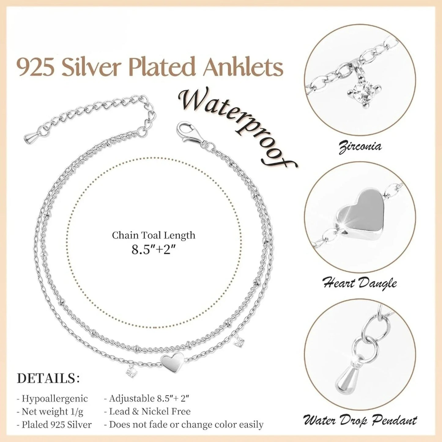 Women’s Layered Heart Anklet – 925 Silver-Plated, Waterproof Design