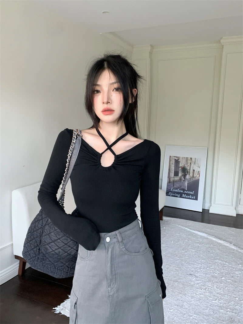 Y2K Halter Bandage V-Neck Long Sleeve Top – Korean Streetwear Style