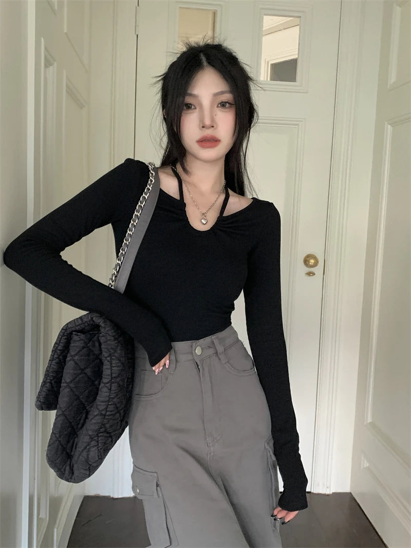Y2K Halter Bandage V-Neck Long Sleeve Top – Korean Streetwear Style