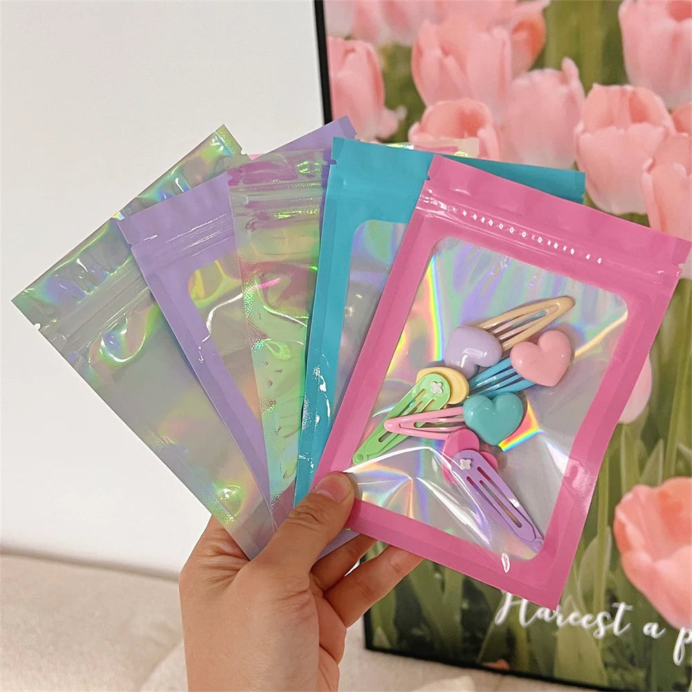10pcs Holographic Smell-Proof Mylar Bags – Resealable Ziplock Pouches