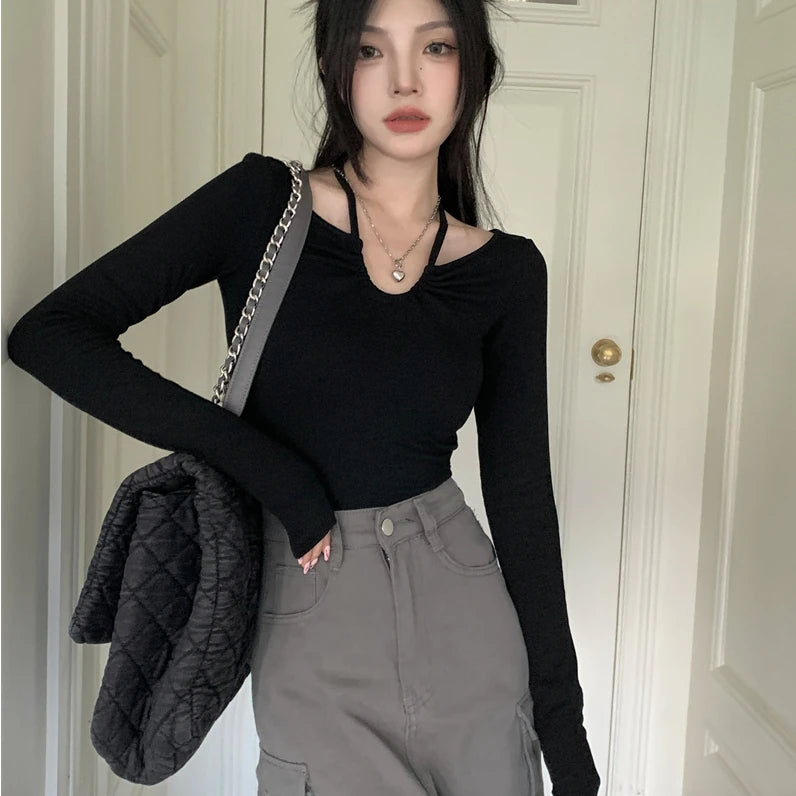 Y2K Halter Bandage V-Neck Long Sleeve Top – Korean Streetwear Style