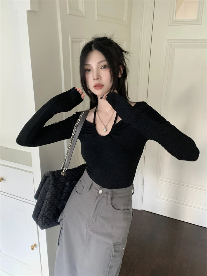 Y2K Halter Bandage V-Neck Long Sleeve Top – Korean Streetwear Style