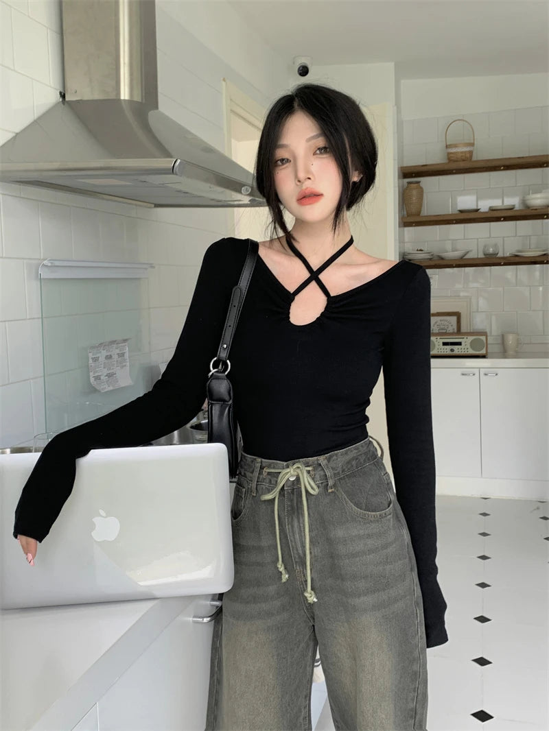 Y2K Halter Bandage V-Neck Long Sleeve Top – Korean Streetwear Style