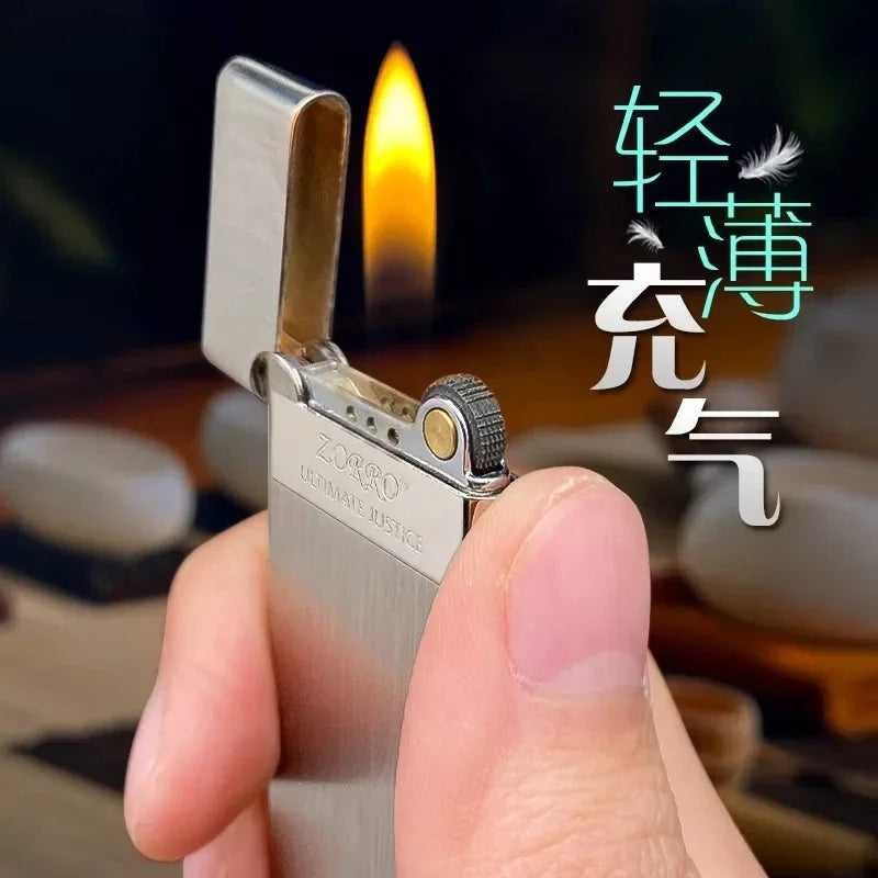 Ultra-Thin Metal Torch Lighter – Refillable Butane Gas with Grinding Wheel Ignition