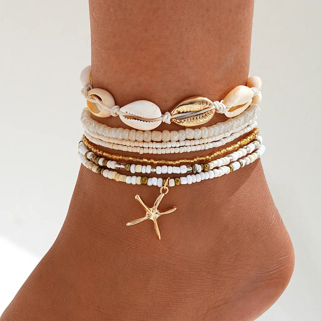 5-Piece Bohemian Pendant Anklet Set – Butterfly, Star, Heart & Pearl Accents