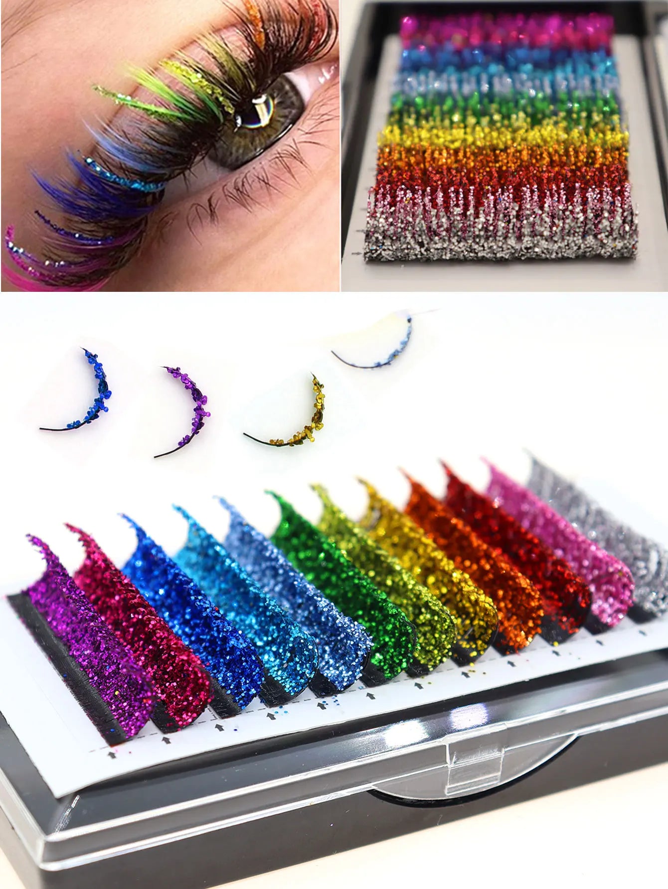 Fashion Glitter Lash Extensions – Colorful Shine, Mix Colors & Russian Volume