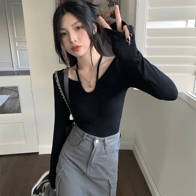 Y2K Halter Bandage V-Neck Long Sleeve Top – Korean Streetwear Style