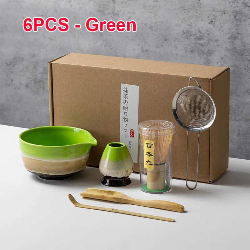 4/5/6PCS Traditional Matcha Tea Set – Bamboo Whisk, Teaspoon, Ceramic Bowl, and Accessories