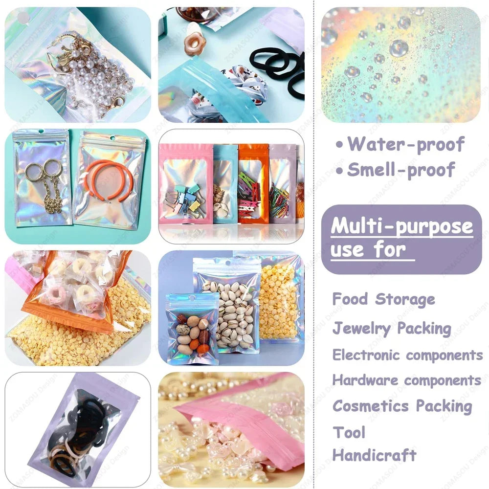 Holographic Resealable Laser Bags – Multi-Size Storage Pouches