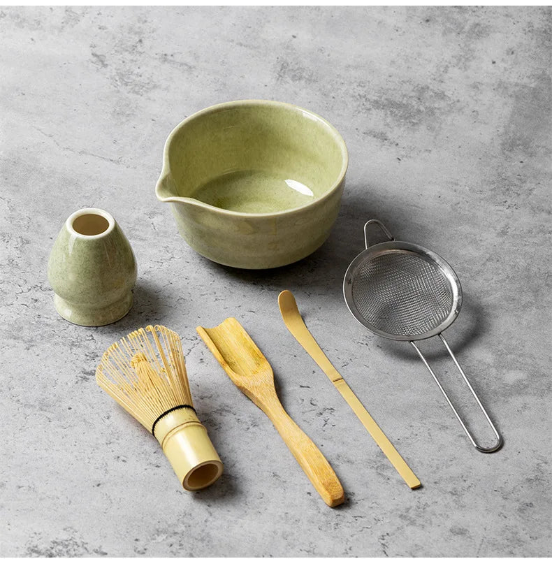 4/5/6PCS Traditional Matcha Tea Set – Bamboo Whisk, Teaspoon, Ceramic Bowl, and Accessories