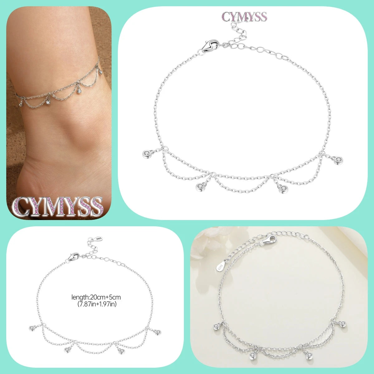 925 Sterling Silver Double-Layer Anklet – Exquisite Zircon Heart Chain Jewelry