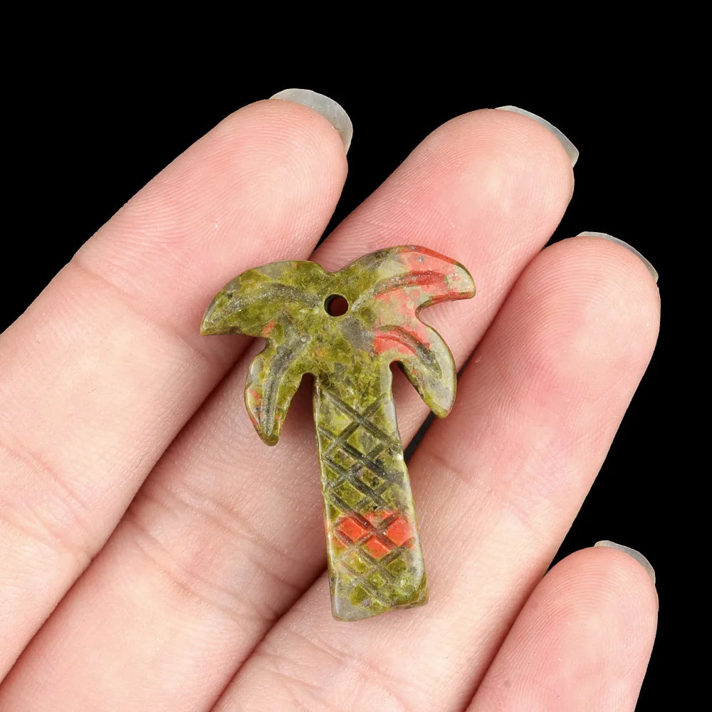 Natural Crystal Coconut Tree Statue – Carved Healing Stone Ornament with Pendant Hole
