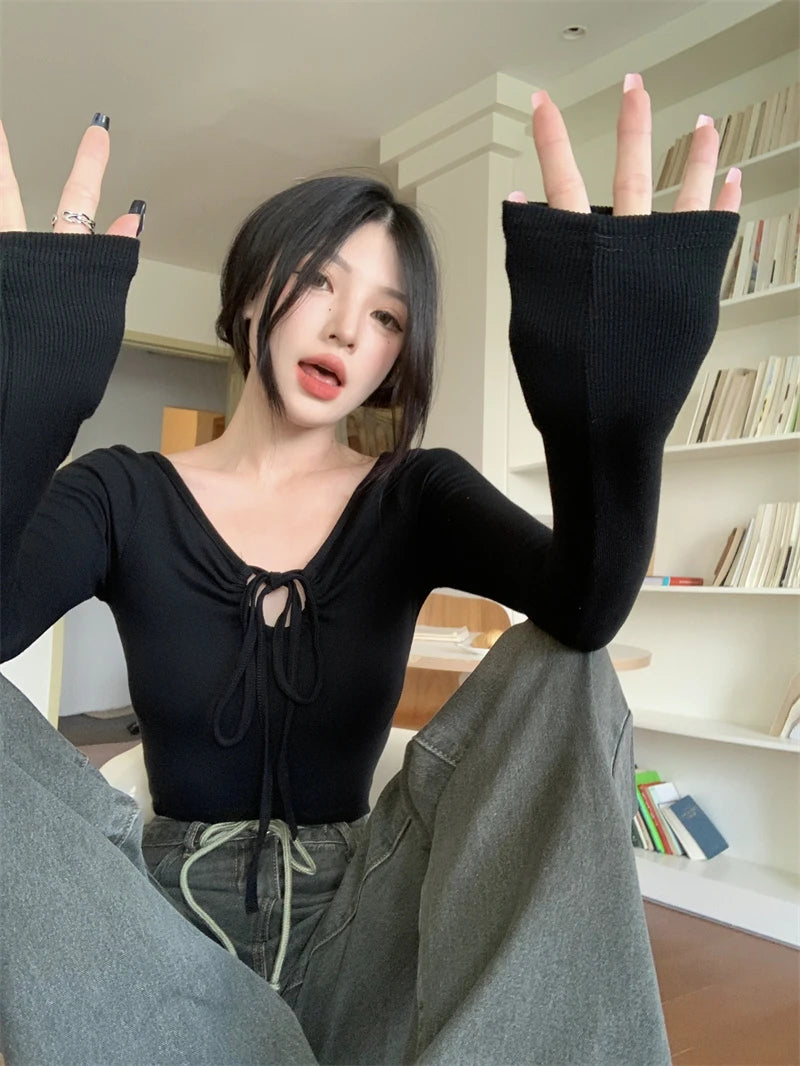 Y2K Halter Bandage V-Neck Long Sleeve Top – Korean Streetwear Style
