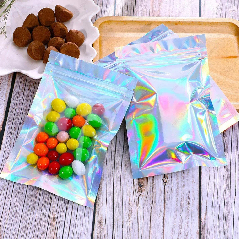 Holographic Resealable Laser Bags – Multi-Size Storage Pouches