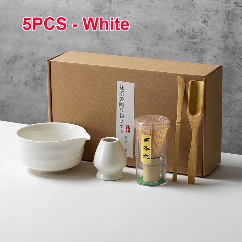 4/5/6PCS Traditional Matcha Tea Set – Bamboo Whisk, Teaspoon, Ceramic Bowl, and Accessories