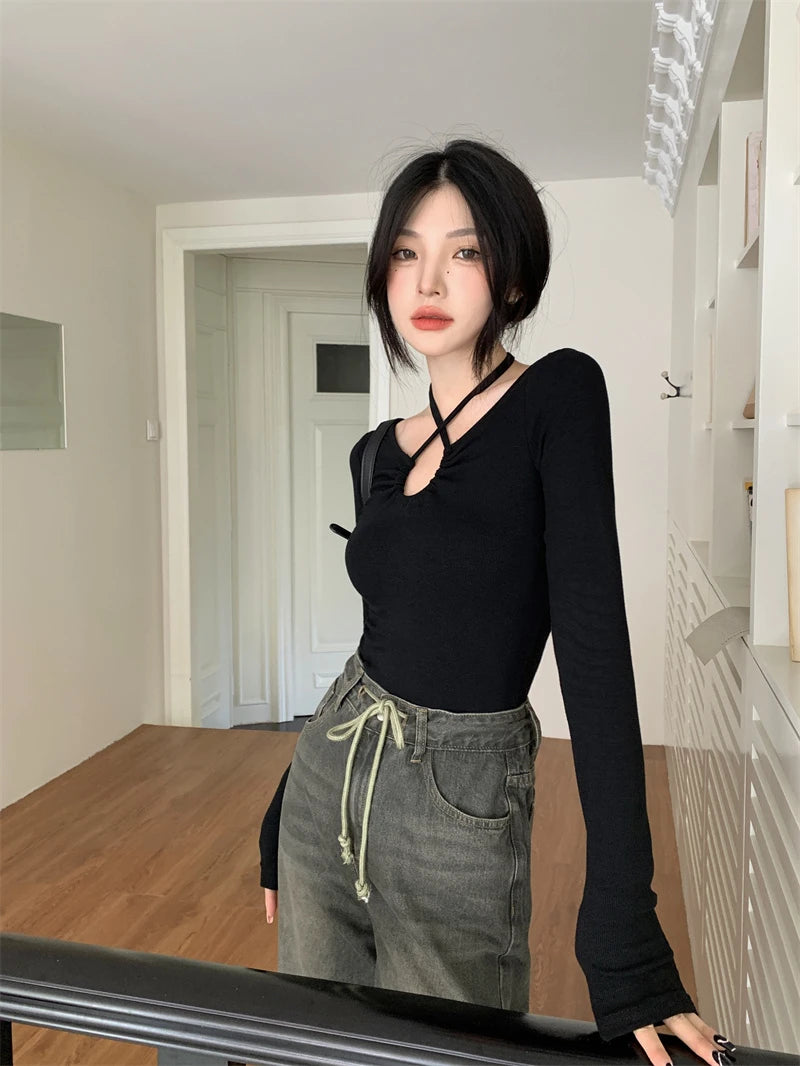 Y2K Halter Bandage V-Neck Long Sleeve Top – Korean Streetwear Style