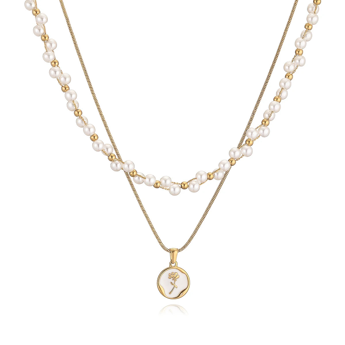 Gold Double Layer Pearl Flower Choker Necklace
