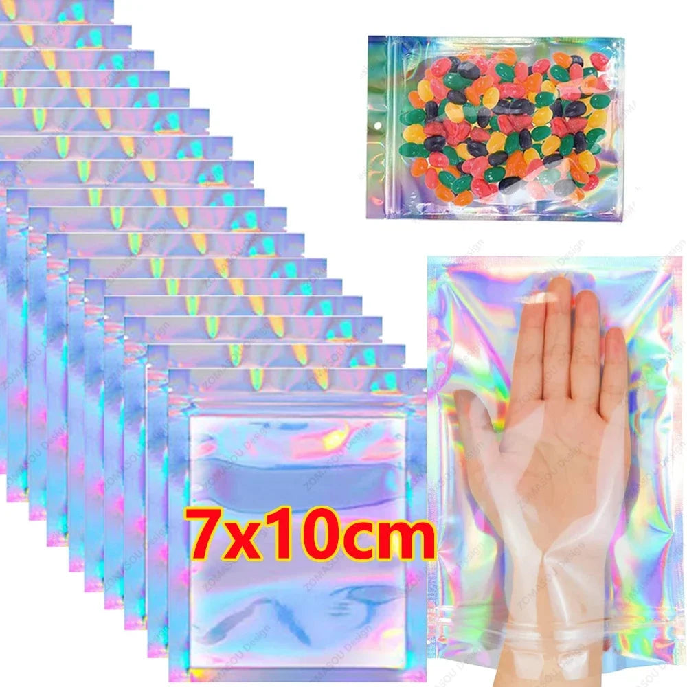 Holographic Resealable Laser Bags – Multi-Size Storage Pouches