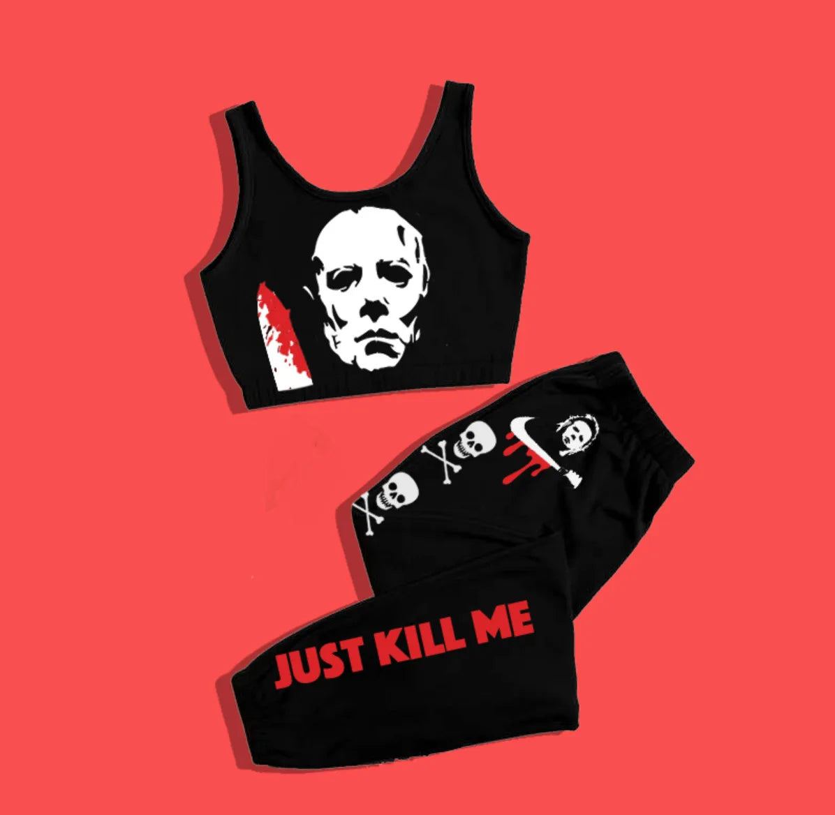 Gothic Skull Print Two-Piece Set – Emo Sportswear Yoga Outfit