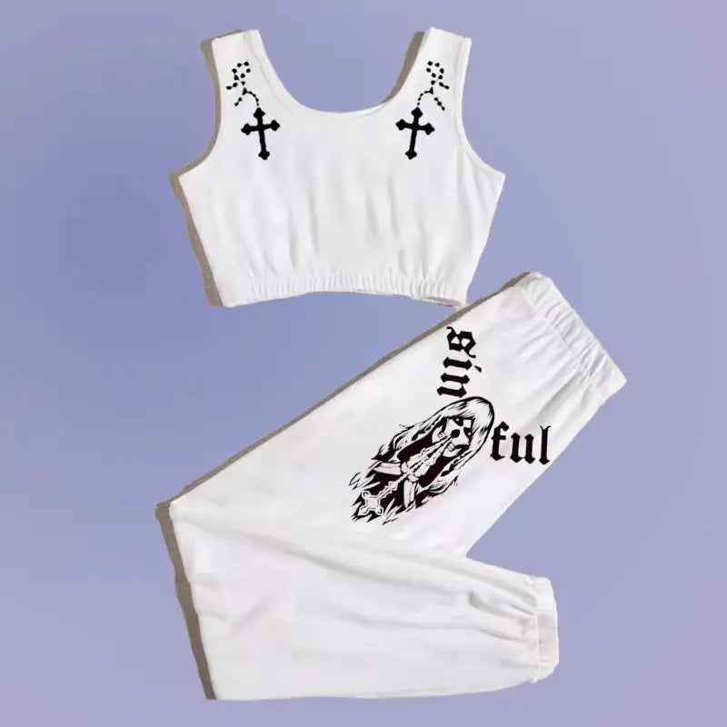 Gothic Skull Print Two-Piece Set – Emo Sportswear Yoga Outfit