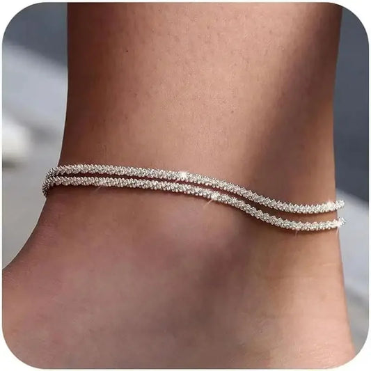 Dainty Layered Anklet – Women’s Stainless Steel Glitter Bracelet, Waterproof Summer Jewelry