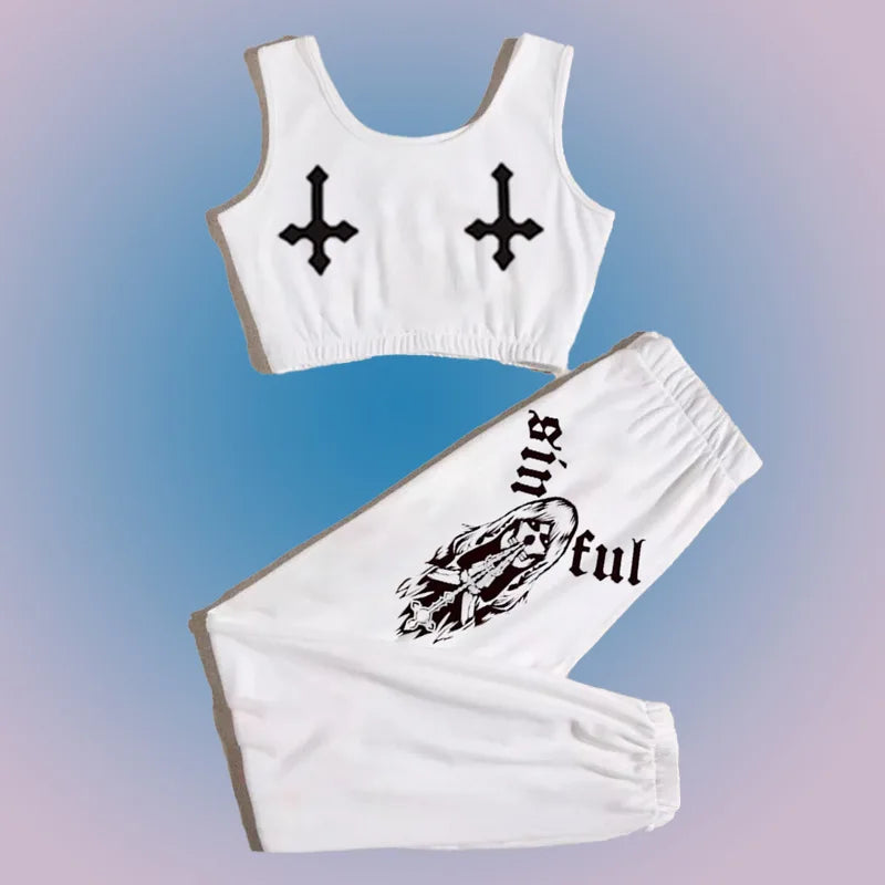 Gothic Skull Print Two-Piece Set – Emo Sportswear Yoga Outfit