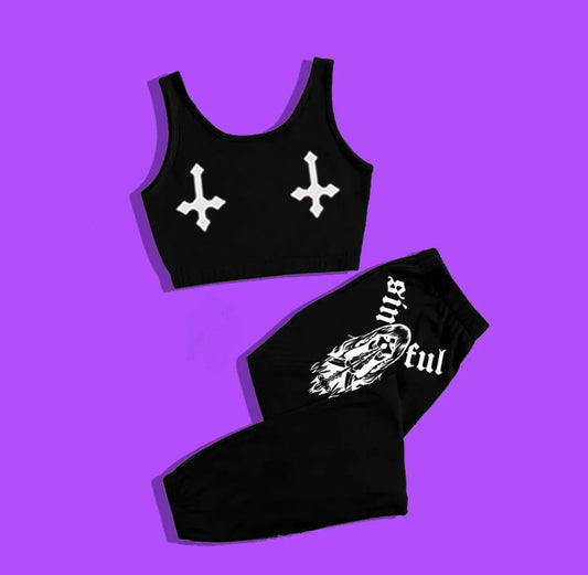 Gothic Skull Print Two-Piece Set – Emo Sportswear Yoga Outfit