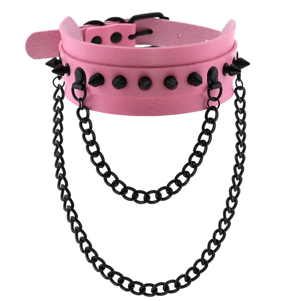 Goth Pink Leather Choker – Punk Spiked Rivet Collar Necklace