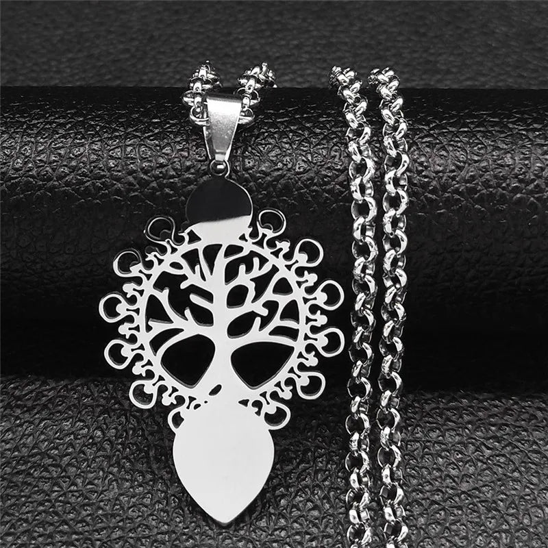 Tree of Life Stainless Steel Necklace – Black Long Pendant for Men & Women