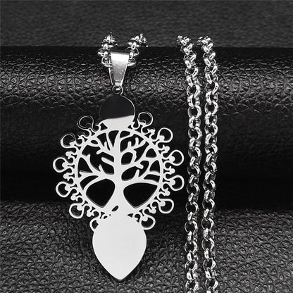 Tree of Life Stainless Steel Necklace – Black Long Pendant for Men & Women